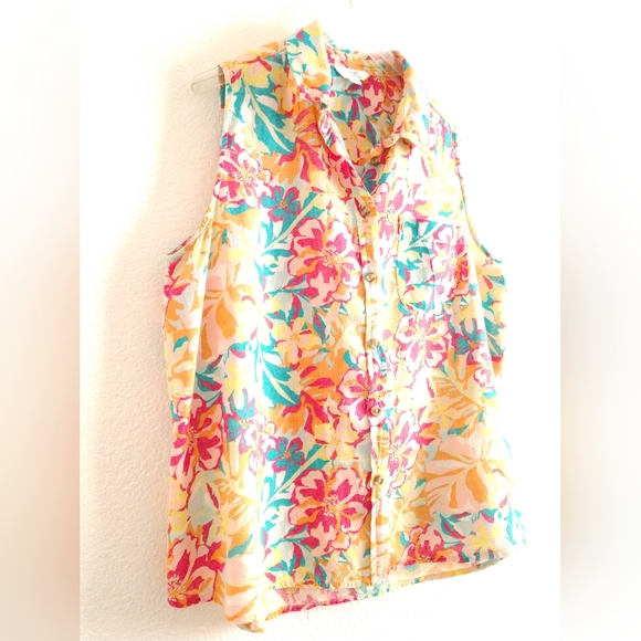Sweet Time and Tru Linen Blend Sleeveless Colorful Floral Shirt Hawaiian Large - Picture 3 of 6